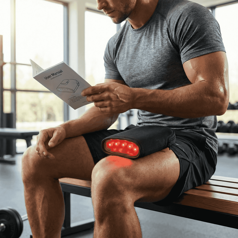 Après l’effort, un sportif utilise un dispositif de photobiomodulation pour favoriser sa récupération.